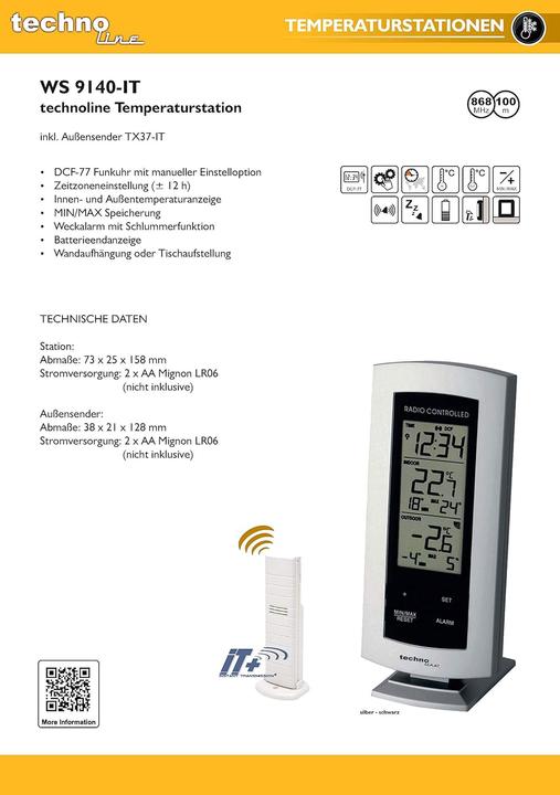 Produktbild Technoline WS 9140 digitales Funkthermometer Funkwetterstation mit Aussensensor