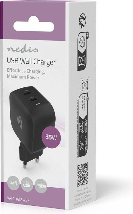 Actual product image Nedis Netzladegerät | 35 W | GaN | PD3.0 | Schnellladefunktion | 1.75 / 2.33 / 2.92 / 3.0 A | Anzahl (35 W, 2 ports)