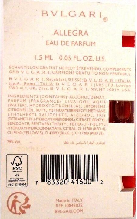 Nährwerte und Zutaten Bulgari Bvlgari Allegra Baciami Eau De Parfum 1.5ml - 0.05fl Oz Sample (Eau de Parfum)