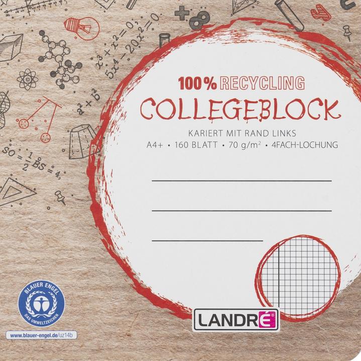 Produktbild Landré Recycling A4+ Collegeblock (A4+, Kariert, Harter Einband)