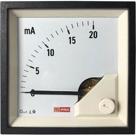 RS PRO, Misuratore energia, Amperometro 20 (Input)mA DC Bobina mobile, 68mm x 68mm D. 54 (<4 A)mm, 0 20 (Input)mA / 1 %.