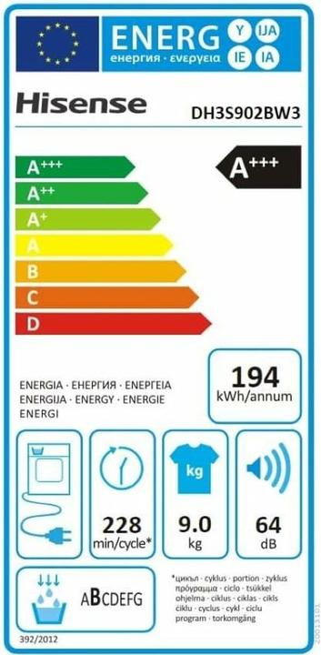 Etichetta energetica Hisense DH3S902BW3 Asciugabiancheria 9Kg Classe A (9 kg, A destra)