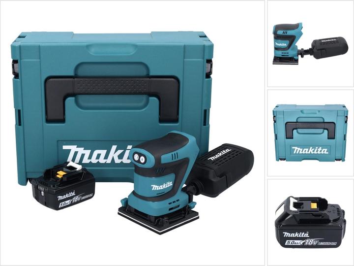 1x Makita DBO 481 Akku Schwingschleifer, 1x Staubbox, 1x Makita BL 1850 B 18 V 5,0 Ah Akku (197280-8), 1x Makpac, 1x Universaleinlage