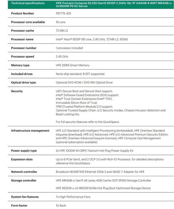 Nutritional values and ingredients HPE DL320 G12 6515P 1X64G 8SF-STOCK (64 GB, Rack Server)