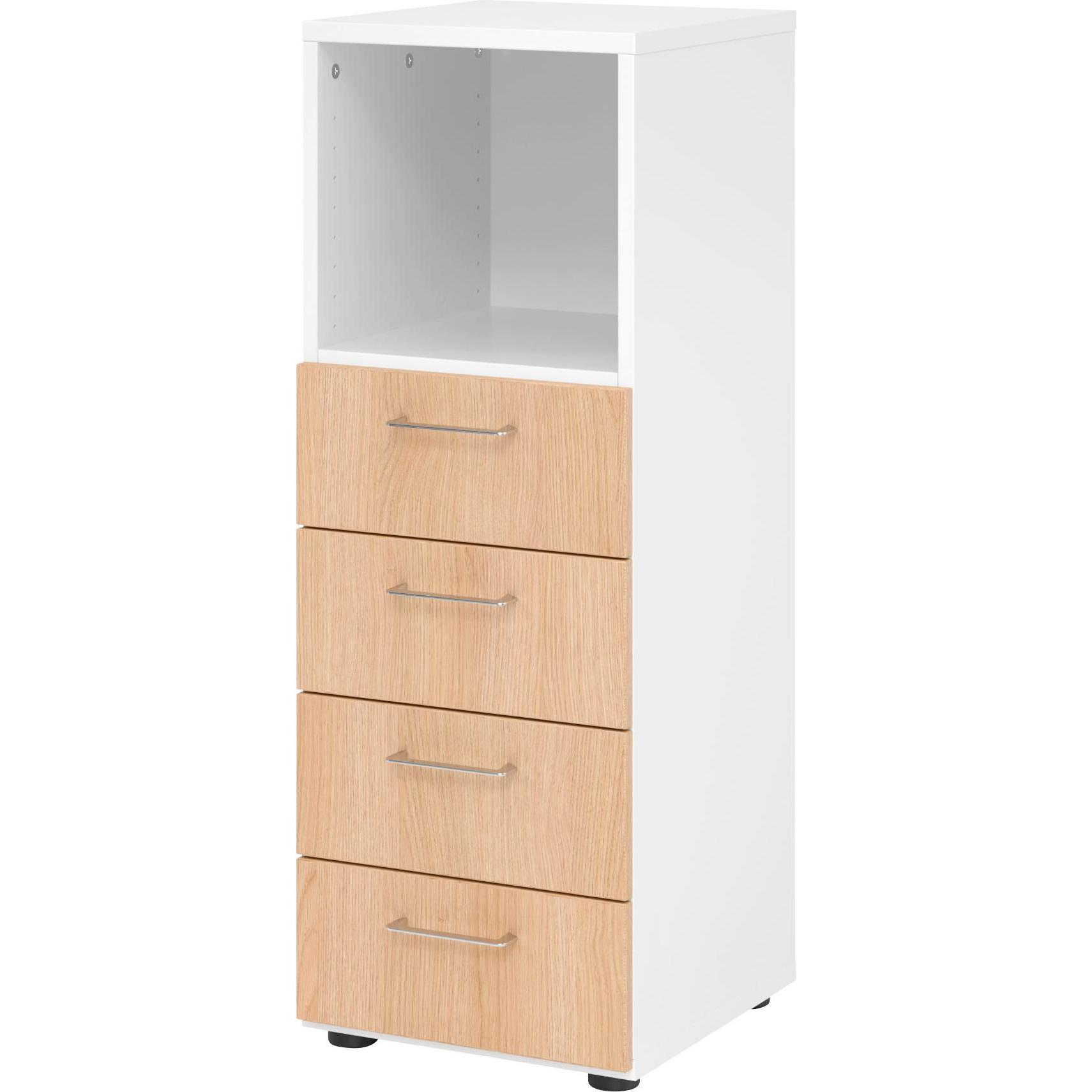 0, Aktenschrank, Regal 3OH, 4 Schübe, BS Weiss/Eiche