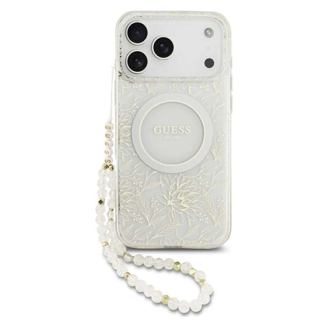 Guess Case Magsafe Iml Case Flowers Electroplated Allover With Beads Strap For IPhone 17 Pro Max Whi (Apple IPhone 17 Pro Max), Smartphone Hülle,