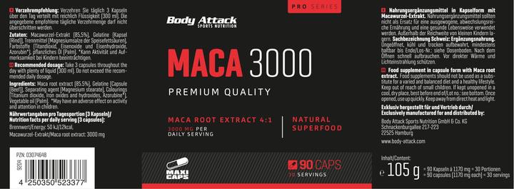 Nutritional values and ingredients Body Attack Maca 3000 (90 pcs., Capsules, 105 g)