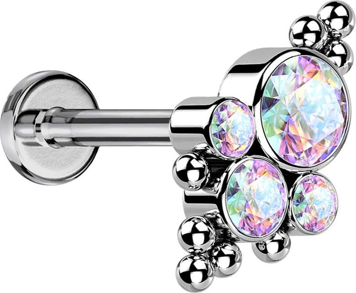 Produktbild Star Piercing Micro Threadless Labret silber Kugeln vier Kristalle multicolor (ohne Messing, Titan G23)