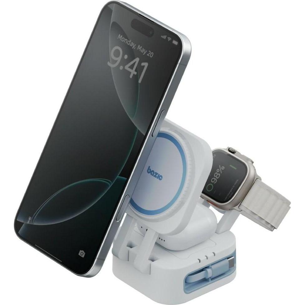 Energea Wireless Charger Bazic GoMag Station Mini 3-in-1 MagSafe Foldable with Built-in USB-C Cable White (15 W), Caricabatteria senza fili, Bianco