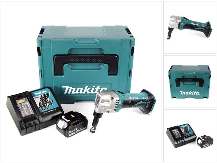 1x Makita DJN 161 18 V cordless nibbling shears, 1x Makita BL1850 5.0 Ah battery, 1x Makita DC 18 RC charger, 1x Makita Makpac size 3