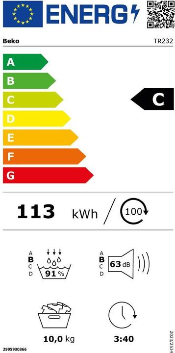 Label énergétique Beko Wäschetrockner TR232 (10 kg, Droite)