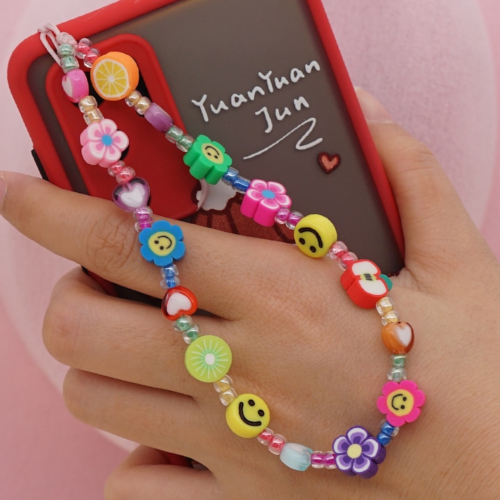 Produktbild PhoneLook Universal Smartphone Armband Schmuck Charms Blumen Früchte und Emojis Perlenband