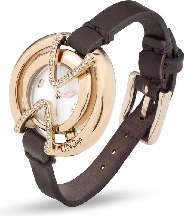 Productafbeelding UNOde50 18K verguld horloge met zwarte leren band en ronde wijzerplaat met topaas (Horloge met edelsteen)