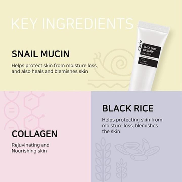 Actual product image Coxir Black Snail Collagen Eye Cream 30ml 1.01 Fl.Oz. with Black Beans and Snail Slime (Eye Care Cream, 30 ml, Day)