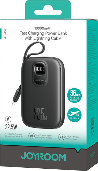 Productafbeelding Joyroom JR-PBF18 22.5W 10000mAh Powerbank with Built-in Lightning Cable + USB-C Cable 0.25 cm - Blac (10000 mAh, 22.50 W, 38.50 Wh)