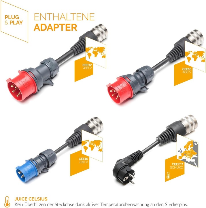 Produktbild Juice Technology Juice Booster 2 EU Traveller Set (Typ 2, 22 kW, 32 A, CEE32 rot, CEE16 rot, CEE16 blau, CEE 7/7)