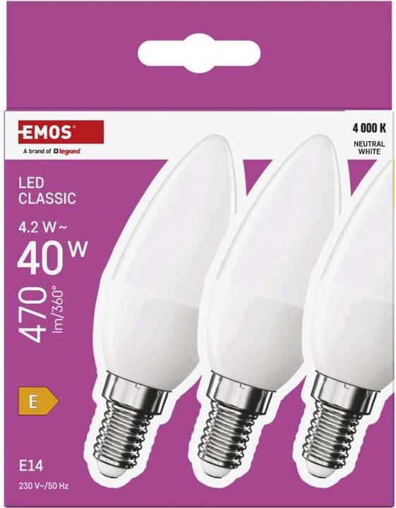 Image du produit Emos Lampe LED Classic Candle / E14 / 4,2 W (40 W) / 470 lm / Blanc neutre (E14, 470 lm, 3 x)