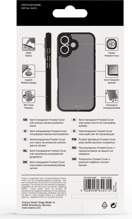 Image du produit Vivanco FROSTED Coque pour iPhone 16 Pro, semi-transparente/noire, cadre de protection de caméra intégré (Apple iPhone 16 Pro)