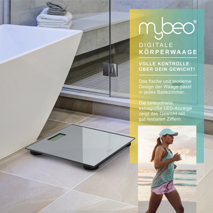 Actual product image Mybeo Digitale Waage für Personen, grosse Trittfläche aus 6mm Sicherheitsglas, Personenwaage, Digitalwaage (180 kg)
