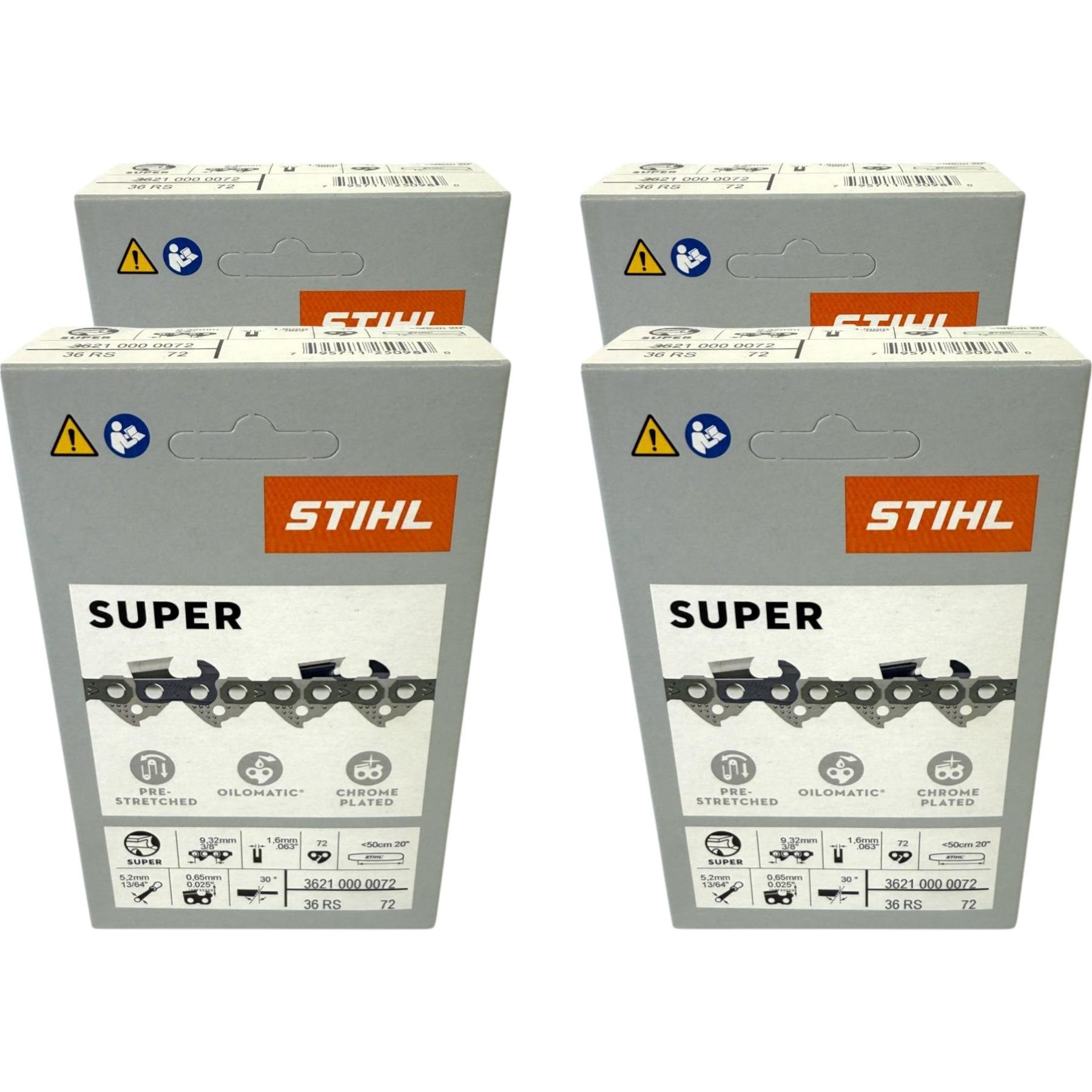 Stihl, Accessori per macchinari da giardino, Catena 4x 3/8" Rapid Super 3 (RS3) 50 cm 3/8" 1,6 mm 72 TG 4 pezzi ( 4x 36260000072 ) (Motosega, Sega a c