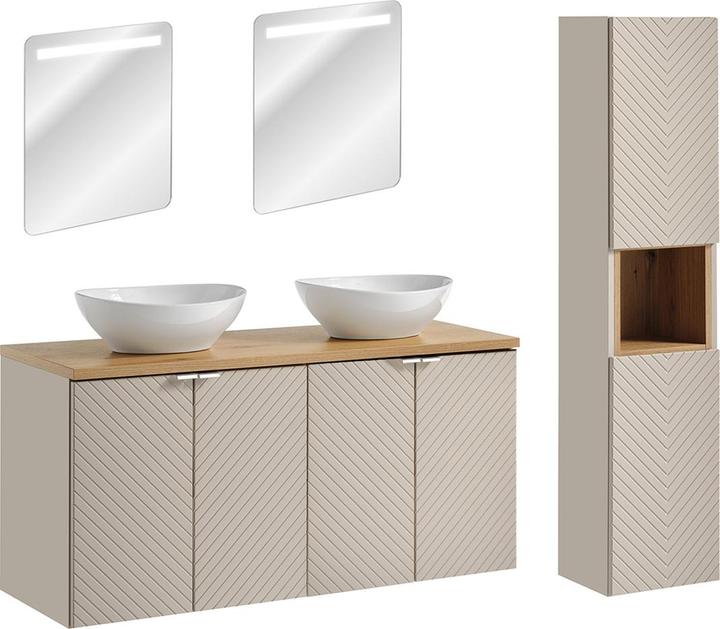 Petits-Meubles Set aus Doppelwaschtisch 120cm 4 Türen LED-Spiegel und Säule Manoa Kaschmir und Holz