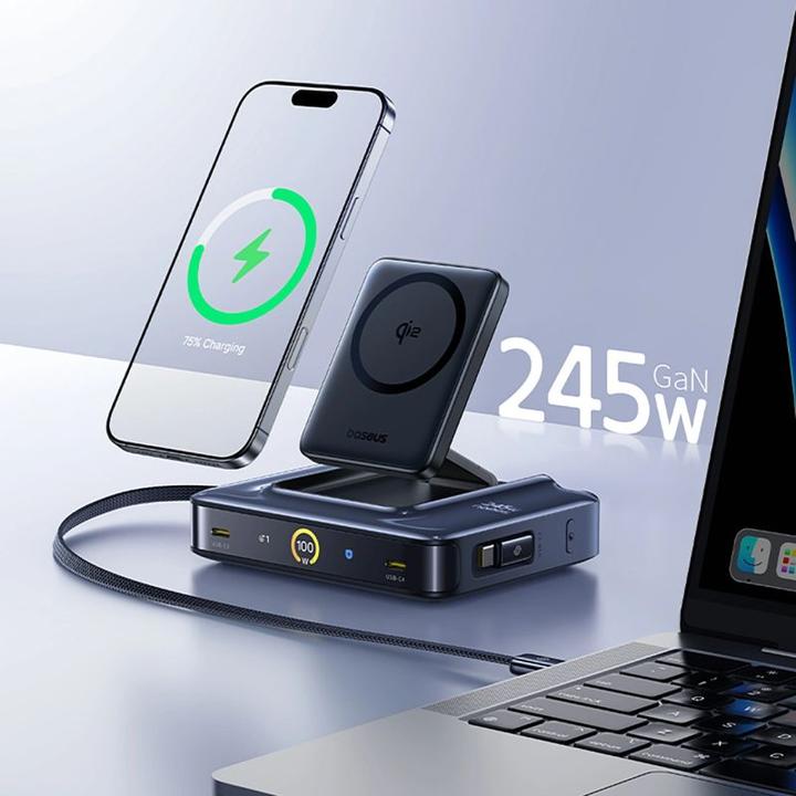 Produktbild Baseus Stacja ładująca Nomos NH21 6w1 245W bezprzewodowa z dwoma zwijanymi kablami USB-C - czarna (245 W, 6 Ports)