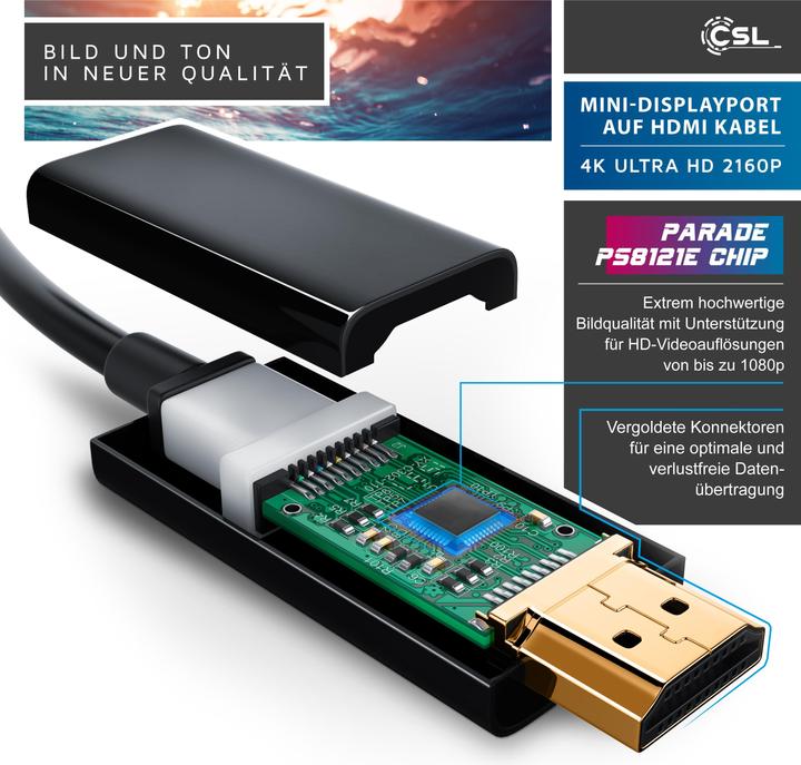 Produktbild CSL 4k Mini Displayport auf HDMI Kabel | Thunderbolt 1- und Thunderbolt 2 Ports | 4K Ultra HD 2160p (2 m, DisplayPort, HDMI, 1.4)