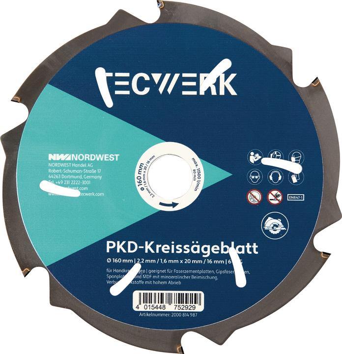 Tecwerk Handkreissägeblatt Aussen-Ø 160 mm Zähnezahl 6 PKD Bohrung 20 mm Schnittbreite 2,2 mm
