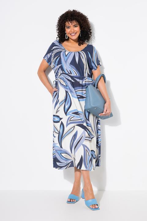 Image du produit Ulla Popken Robe maxi motif feuilles, cordon de serrage sous tunnel, manches courtes et décolleté en V (46, 48)