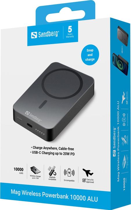 Produktbild Sandberg Mag Wireless Powerbank 10000 ALU (10000 mAh, 20 W, 37 Wh)
