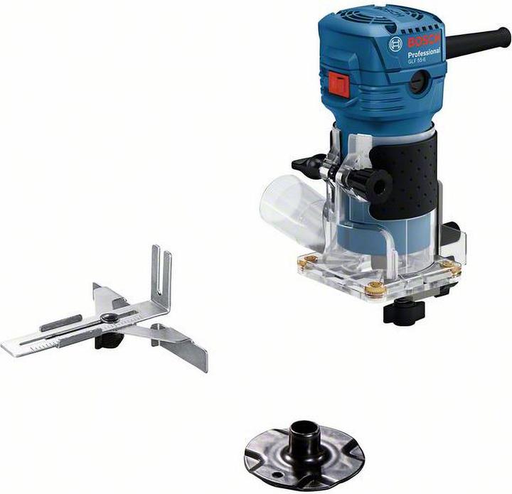 Pince de serrage 6 mm (1 619 PB3 058), Guide parallèle (2 608 000 331), Douille à copier (2 609 110 223), Adaptateur d'aspiration (2 608 000 804), Clé à molette 10 mm (2 609 110 254), Clé à molette 17 mm (1 619 PB2 377), Guide à rouleaux pour affleurer (2 608 000 332)