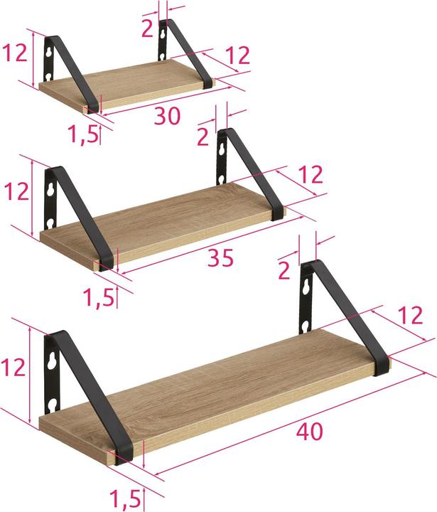 Actual product image tectake 3 hanging shelves Cowell (40 x 12 x 12 cm)