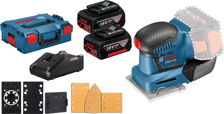 Produktbild Bosch Hausgeräte Akku-Schwingschleifer GSS 18V-10 / 2x 4,0 Ah Akku + Ladegerät inkl. Zubehör-Set in L (Schwingschleifer)