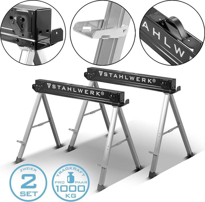 Produktbild Stahlwerk Sägebock 2er Set 500 kg Universal Arbeitsbock Klappbock Gerüstbock (105.50 cm, 60 cm)