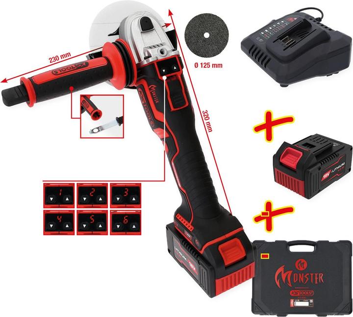 Actual product image KS Tools eMONSTER brushless cordless angle grinder set, 4-piece | 18 volt, 2 batteries and charger (125 mm)