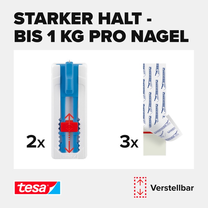 Produktbild tesa Klebenagel für Tapete & Putz, ideal für Leinwand & Keilrahmen, 2kg Halteleistung, höhenverstellbar