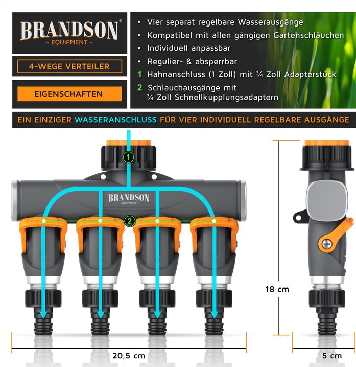 Produktbild Brandson 4-Wege Verteiler 4-fach Schlauchverteiler Gartenschlauch, schmaler Wasserverteiler, 3/4 & 1/2 Zoll (4 Wege Verteiler)
