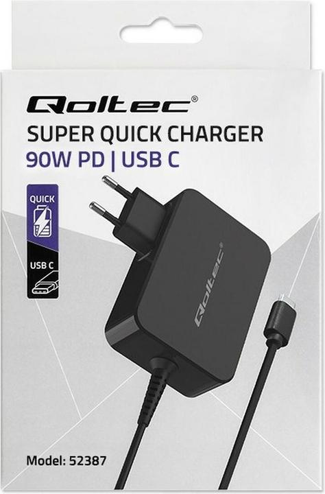 Actual product image Qoltec Ładowarka GaN POWER PRO | 1xUSB-C | 90W | 5-20V | 3-4.5A | Czarna (90 W, 1 portion)