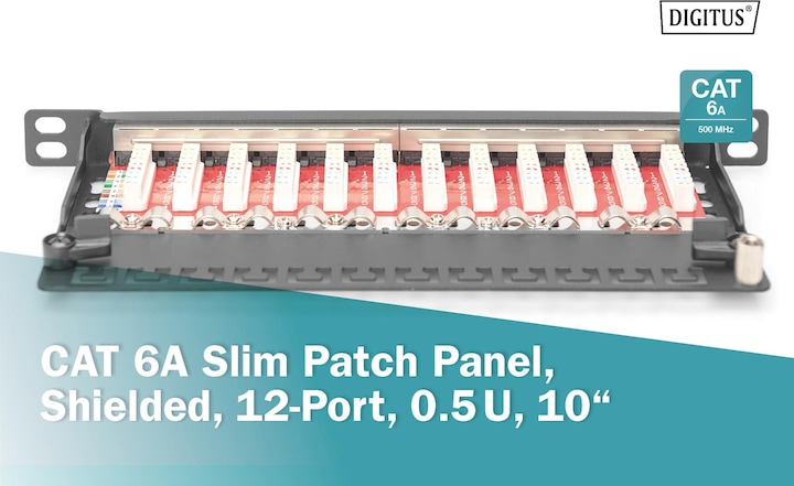 Produktbild Digitus Cat.6A Slim Patch Panel, geschirmt, 12-Port, 0,5 HE, 10", schwarz