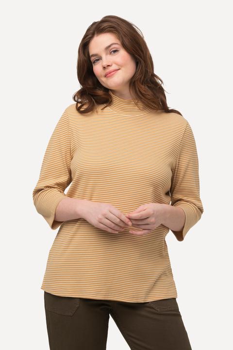 Image du produit Ulla Popken T-shirt slim à col montant et manches 3/4, coton bio, rayures (46, 48)