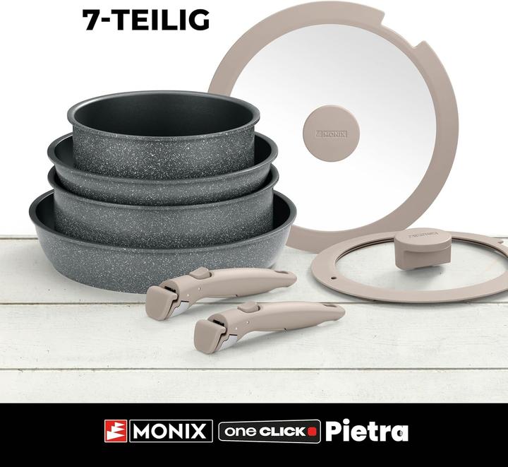 Actual product image Monix One Click Pietra 8-Piece Cookware Set with Removable Handle and Induction Compatibility (Frying pan, Pot, Aluminium)