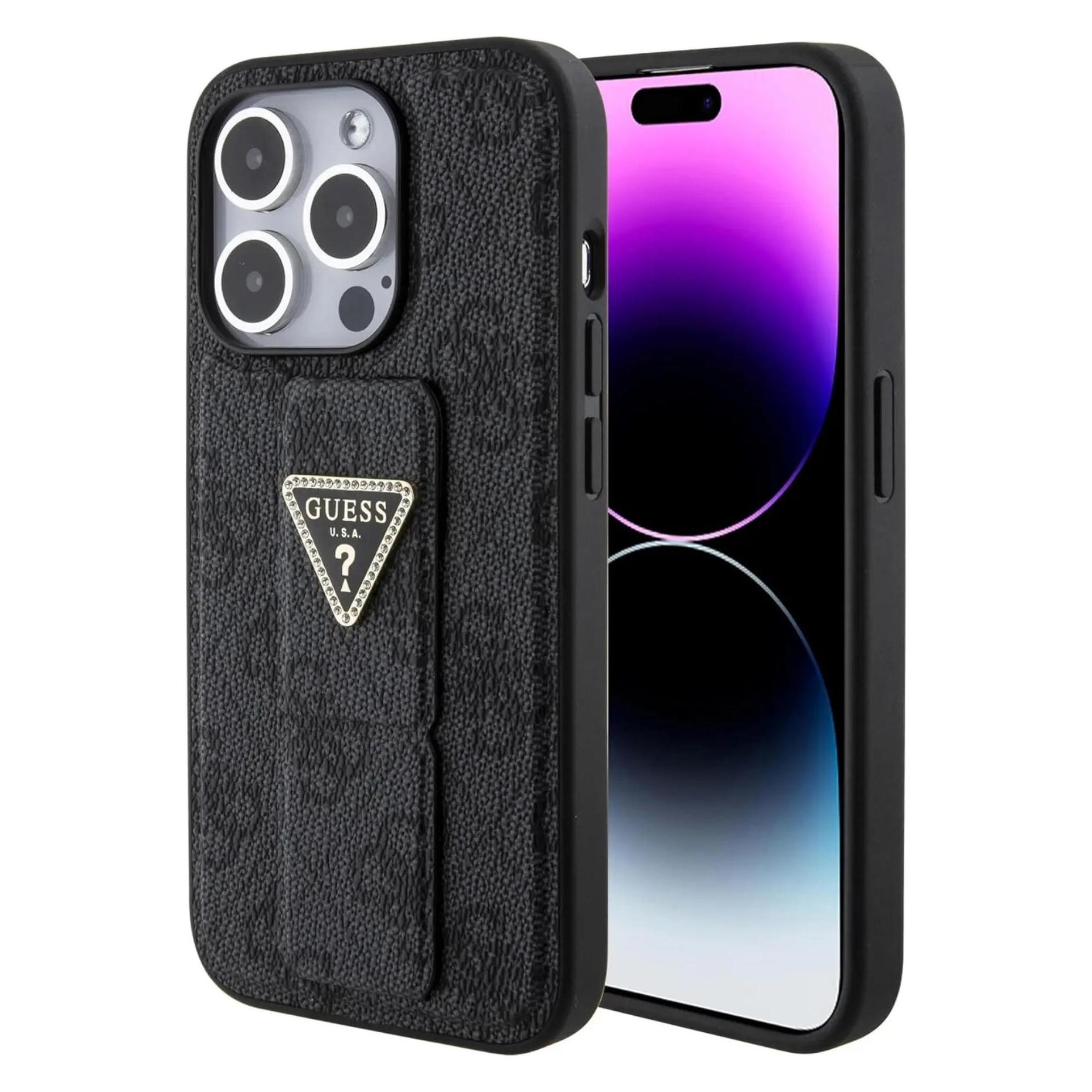 Guess GUHCP15XPGS4TDK IPhone 15 Pro Max 6.7" Czarny/black Hardcase Grip Stand 4G Triangle Strass (Apple IPhone 15 Pro Max), Smartphone Hülle, Schwarz