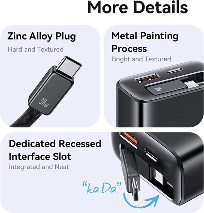 Image du produit Usams CC296 30W Fast Charger With Retractable Type-C Cable (EU) - Xiang Series White (30 W, 2 ports)