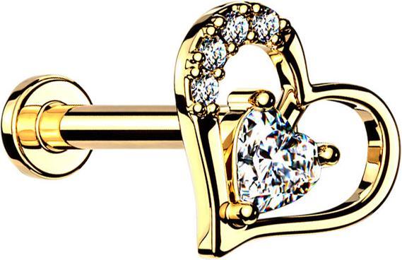 Immagine prodotto Star Piercing Micro Labret filo interno placcato oro 14k con cristallo Cuore nel cuore (Ottone, Acciaio chirurgico 316L)