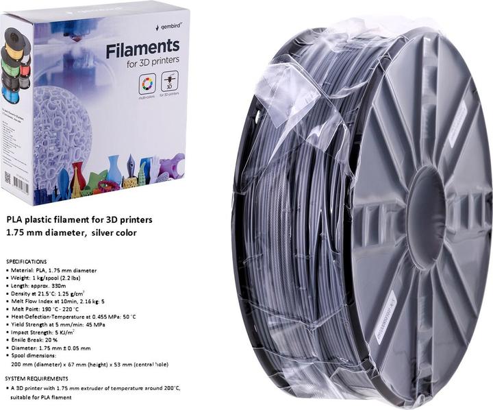 Produktbild Gembird Filamentcassette PLA schmale Spule (PLA, 1.75 mm, 1000 g, Silber)