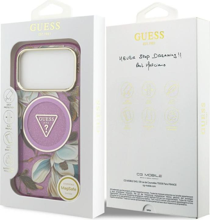 Produktbild Guess Case Magsafe IML Case Glitter Flowers And Triangle With Metal Camera Frame And Buttons For iPh (Apple iPhone 17 Pro Max)