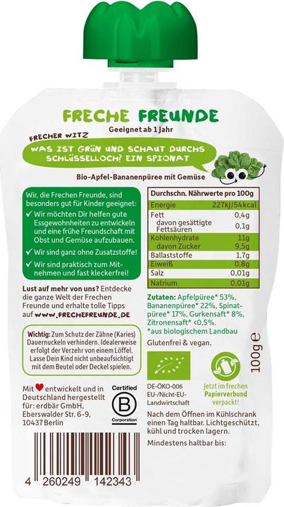 Produktbild Freche Freunde Quetschbeutel Apfel Banane Spinat & Gurke Bio 100 g (120 g)