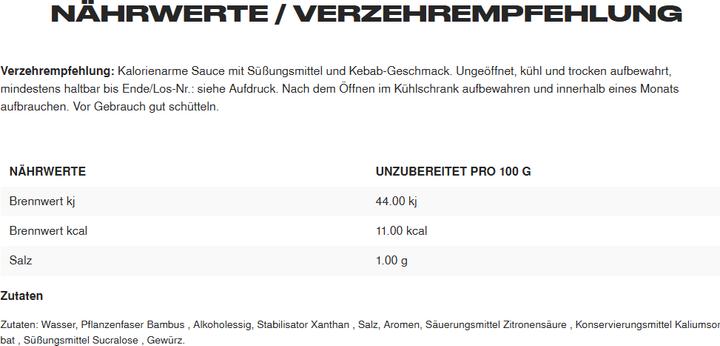 Nährwerte und Zutaten Body Attack Kebab Sauce