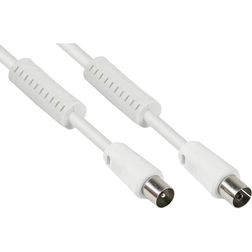 Varia TV Antennenkabel, Koax Stecker an Koax Buchse, 2x Ferritkern, 95dB, 75 Ohm, weiss, Cavo antenna