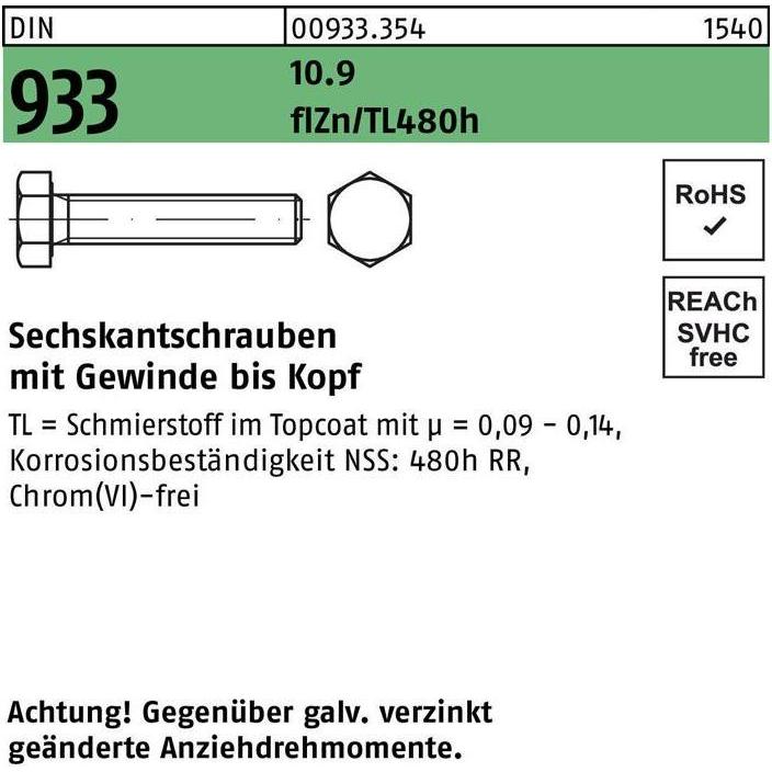 Reyher, Schrauben, Sechskantschraube DIN 933 VG M 8 x 45 10.9 zinkbesch Gleitmittel flZnnc 480h-L (200 Schrauben pro Stü...